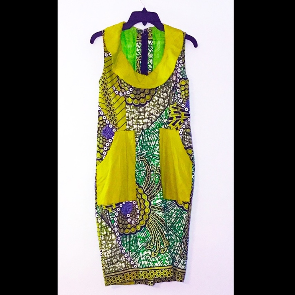 Handmade African Wax Cloth Sleeveless Dress in Green, White & Black